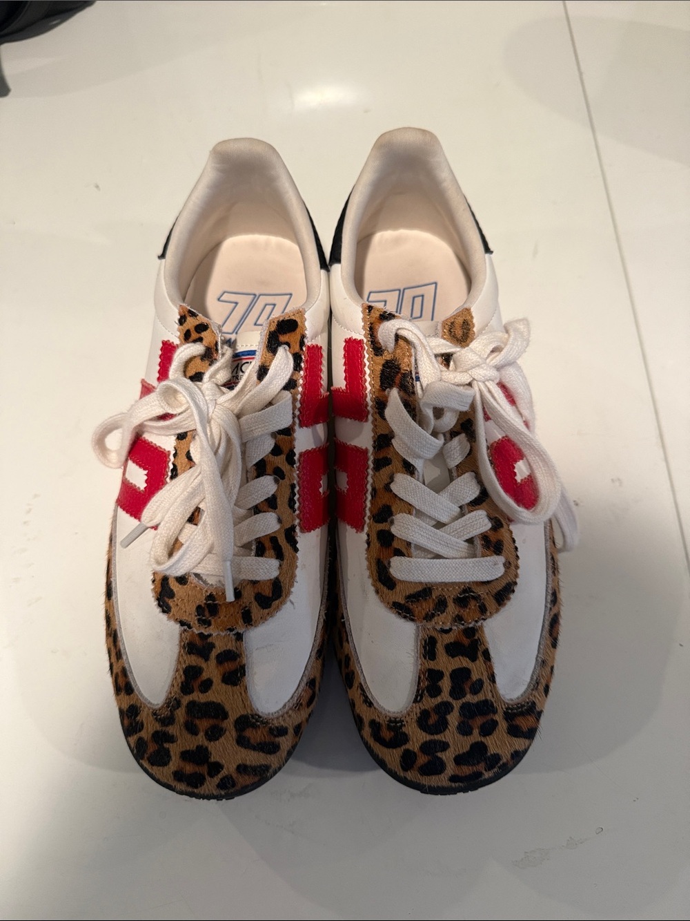 Women's White Leopard-Print Sneakers with Red Stripe Detail